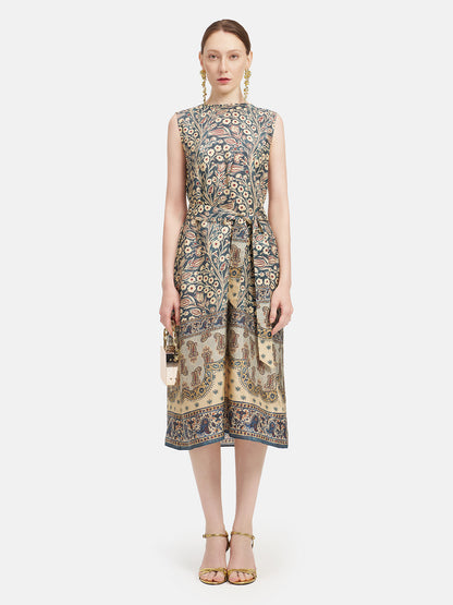 Moroccan-inspired Print Waist-Tied Silk Dress