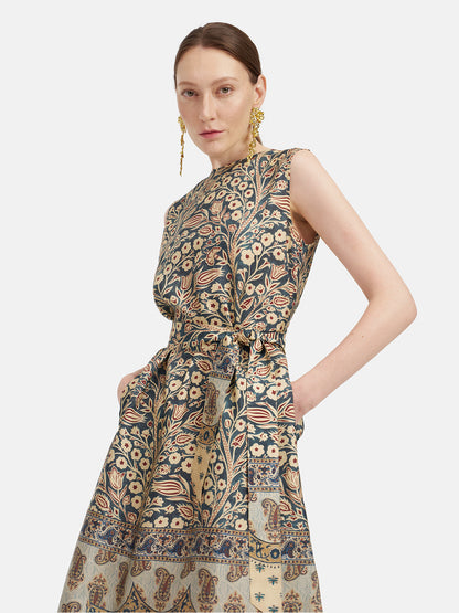 Moroccan-inspired Print Waist-Tied Silk Dress