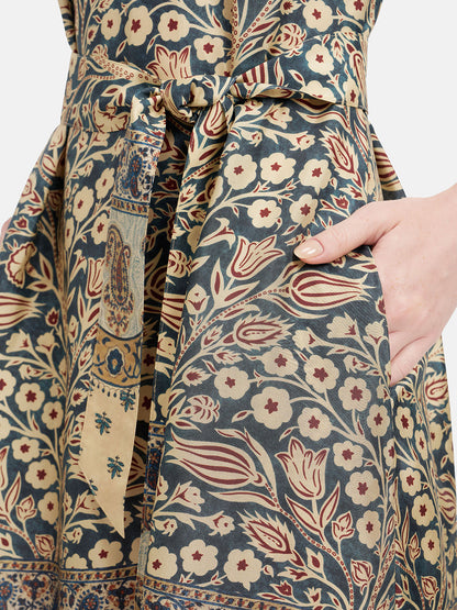 Moroccan-inspired Print Waist-Tied Silk Dress