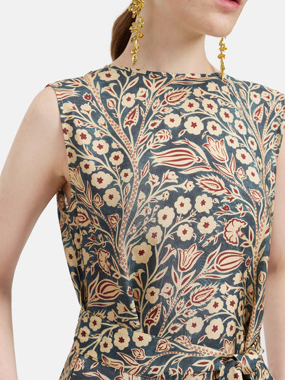 Moroccan-inspired Print Waist-Tied Silk Dress