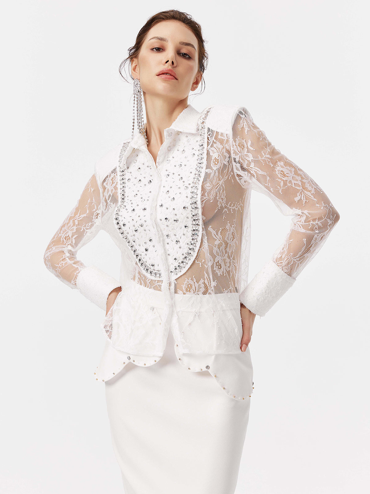 Lace Cut-out Rhinestone Embellished Shirt