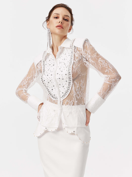 Lace Cut-out Rhinestone Embellished Shirt