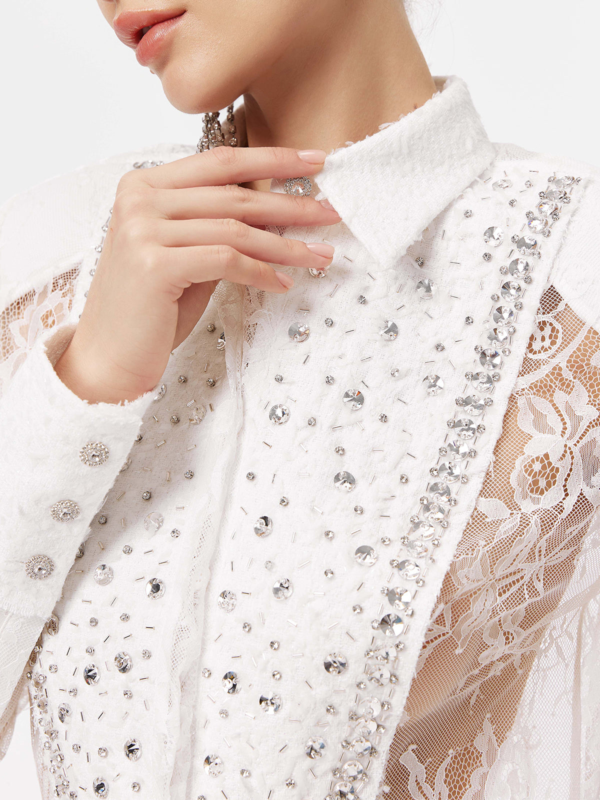 Lace Cut-out Rhinestone Embellished Shirt