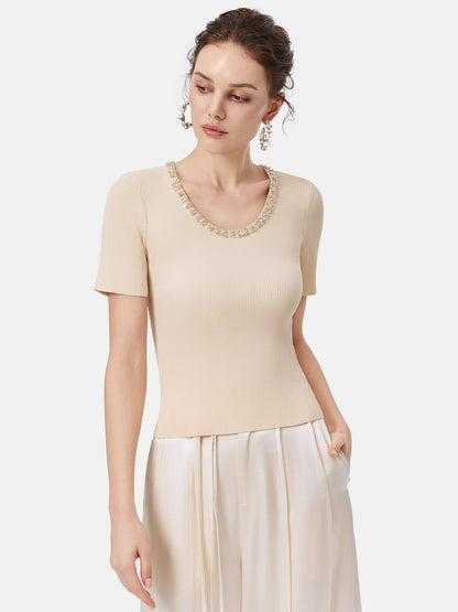 Embellished Neckline Fitted Tee