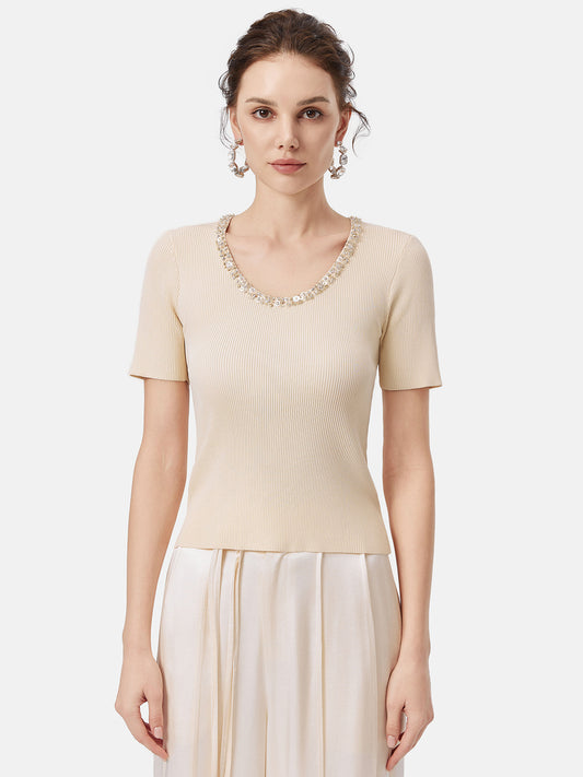 Embellished Neckline Fitted Tee