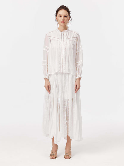 Lace Stand Collar Pleated Silk Shirt