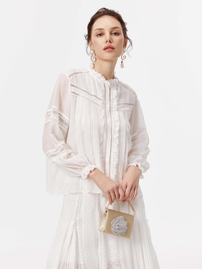 Lace Stand Collar Pleated Silk Shirt