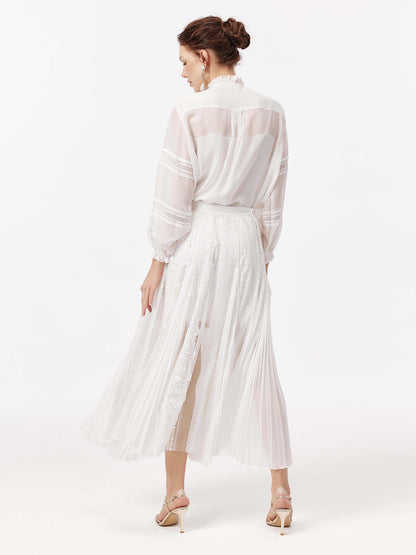 Lace Stand Collar Pleated Silk Shirt