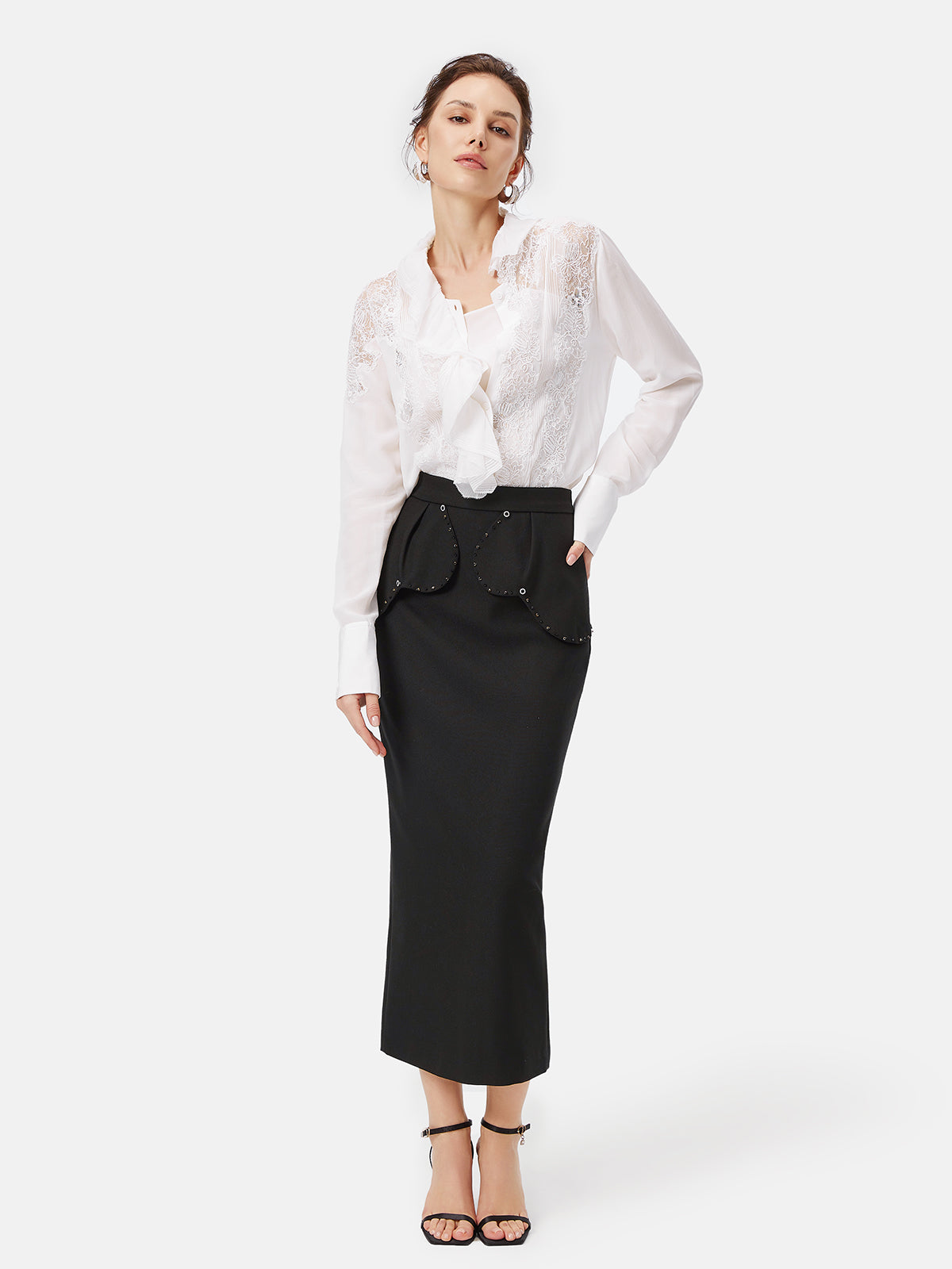 Ruffle Front Paneled Hollow Lace Shirt