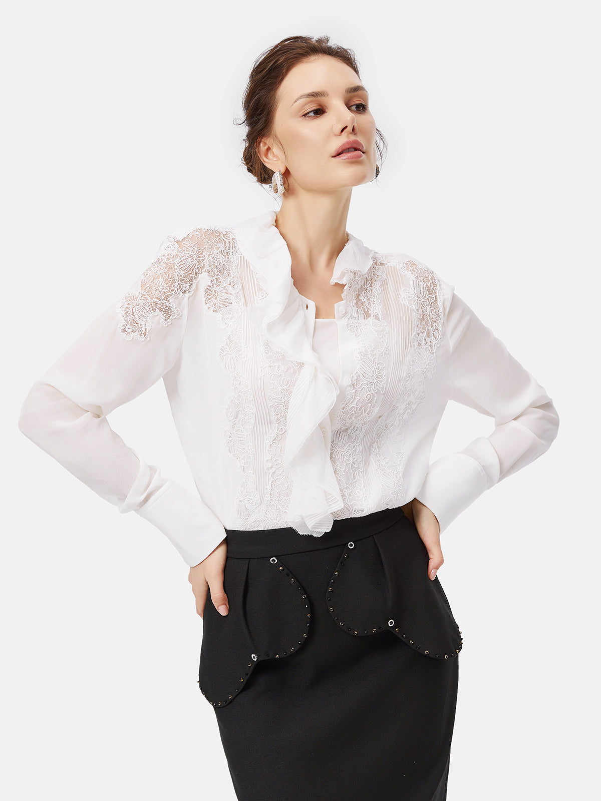 Ruffle Front Paneled Hollow Lace Shirt