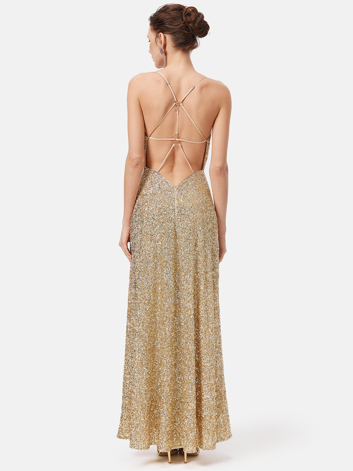 Sequin Cowl Neck Open Back Maxi Dress