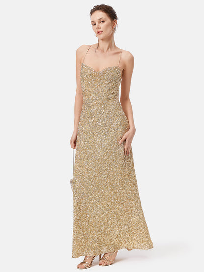 Sequin Cowl Neck Open Back Maxi Dress