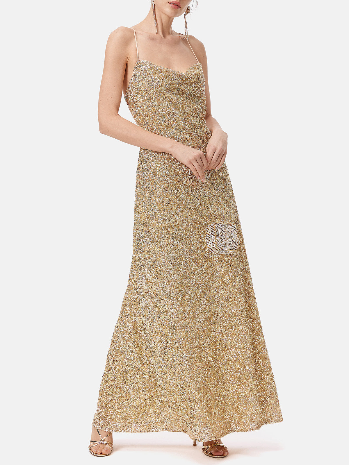 Sequin Cowl Neck Open Back Maxi Dress