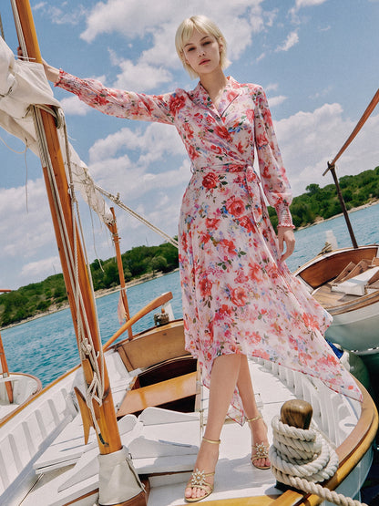 100% Silk Floral V-Neck Tie Elastic Ruffle Cuff Top