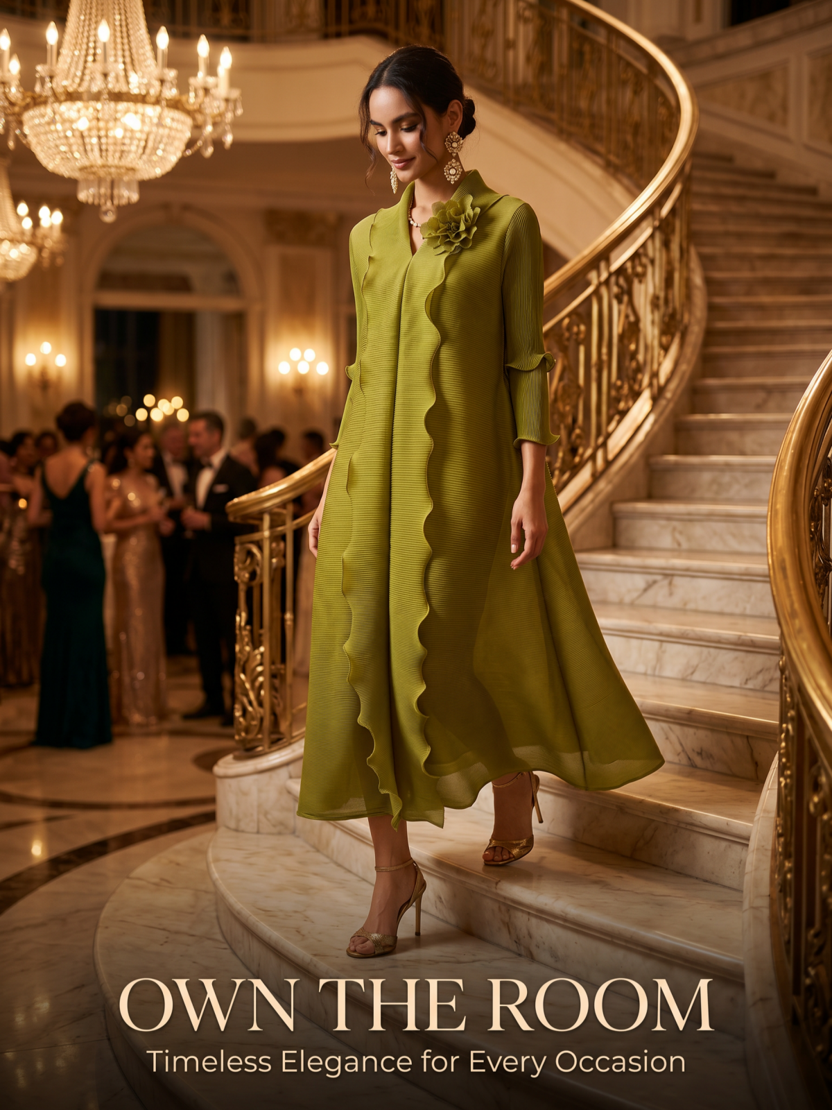 Ruffle Pleated Floral Brooch 3/4-Sleeve Gown