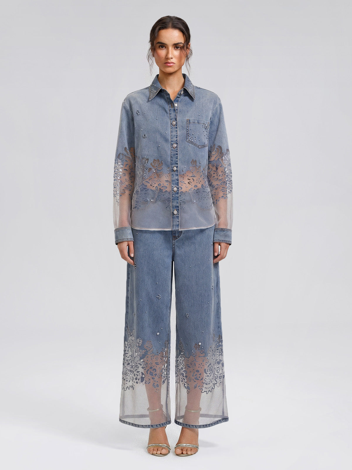 Denim Burnout Mesh Panel Rhinestone Loose Shirt