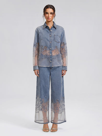 Denim Burnout Mesh Panel Rhinestone Loose Shirt