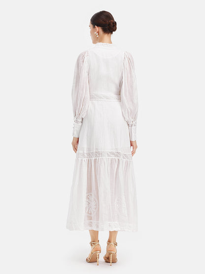 Court Embroidered Lantern Sleeve Tie Dress