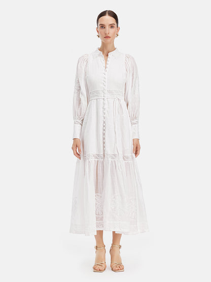 Court Embroidered Lantern Sleeve Tie Dress