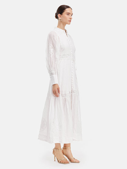 Court Embroidered Lantern Sleeve Tie Dress