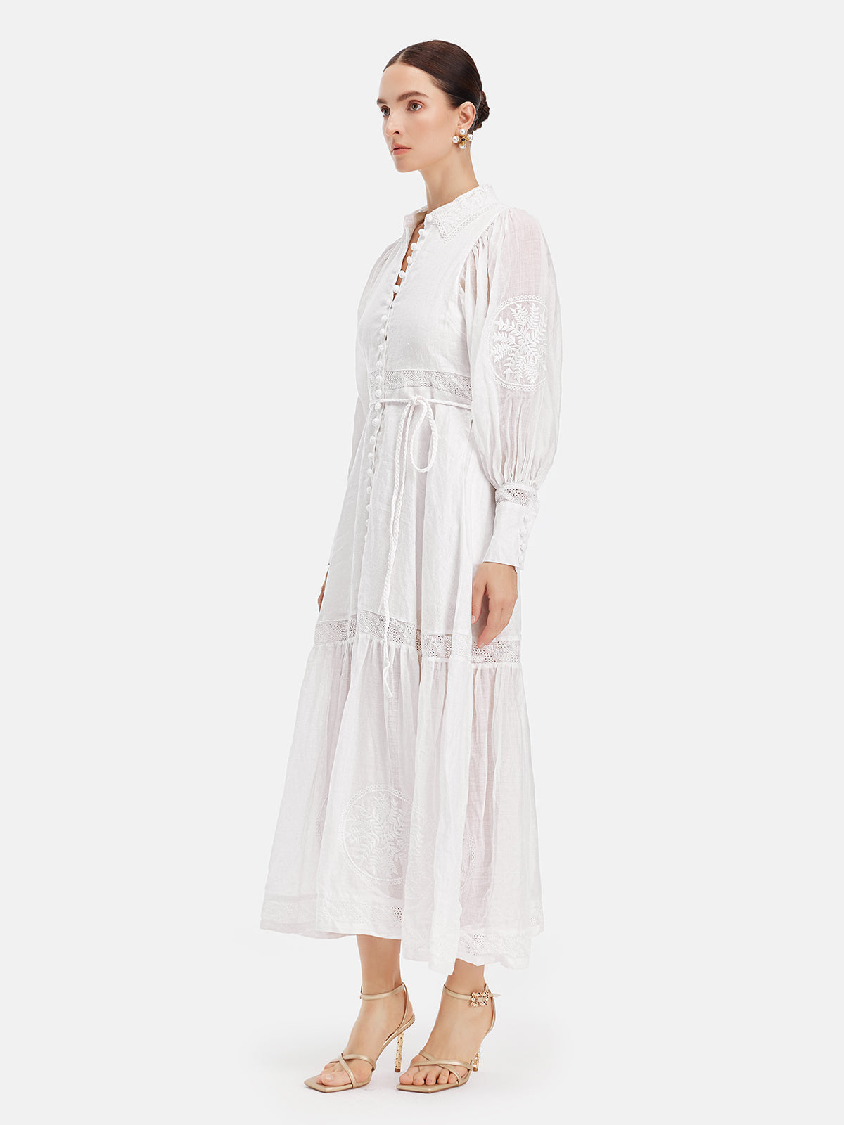 Court Embroidered Lantern Sleeve Tie Dress