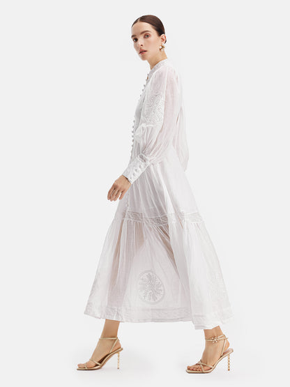 Court Embroidered Lantern Sleeve Tie Dress