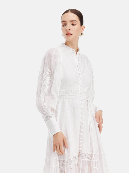 Court Embroidered Lantern Sleeve Tie Dress