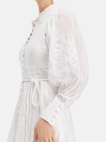 Court Embroidered Lantern Sleeve Tie Dress