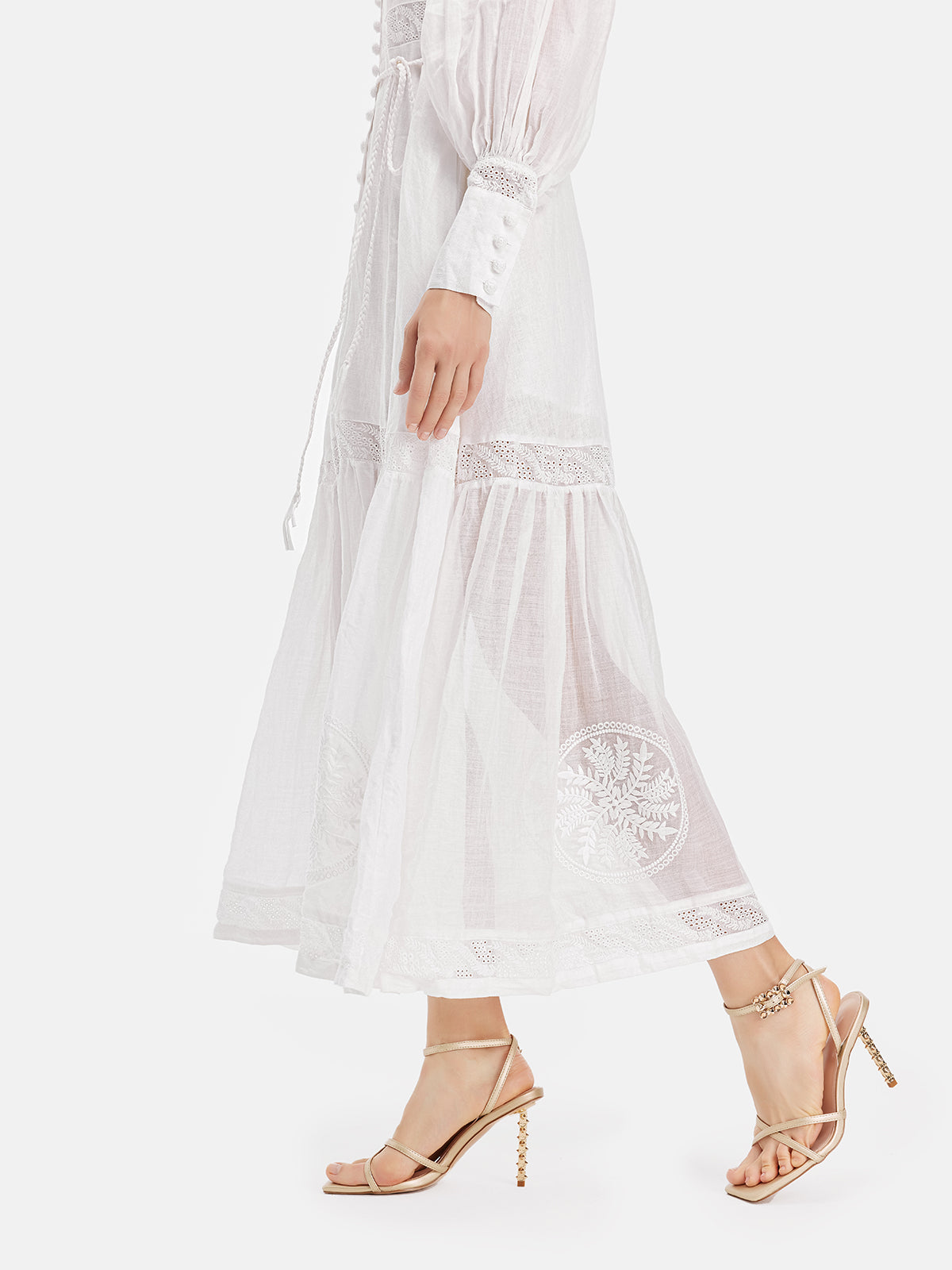 Court Embroidered Lantern Sleeve Tie Dress