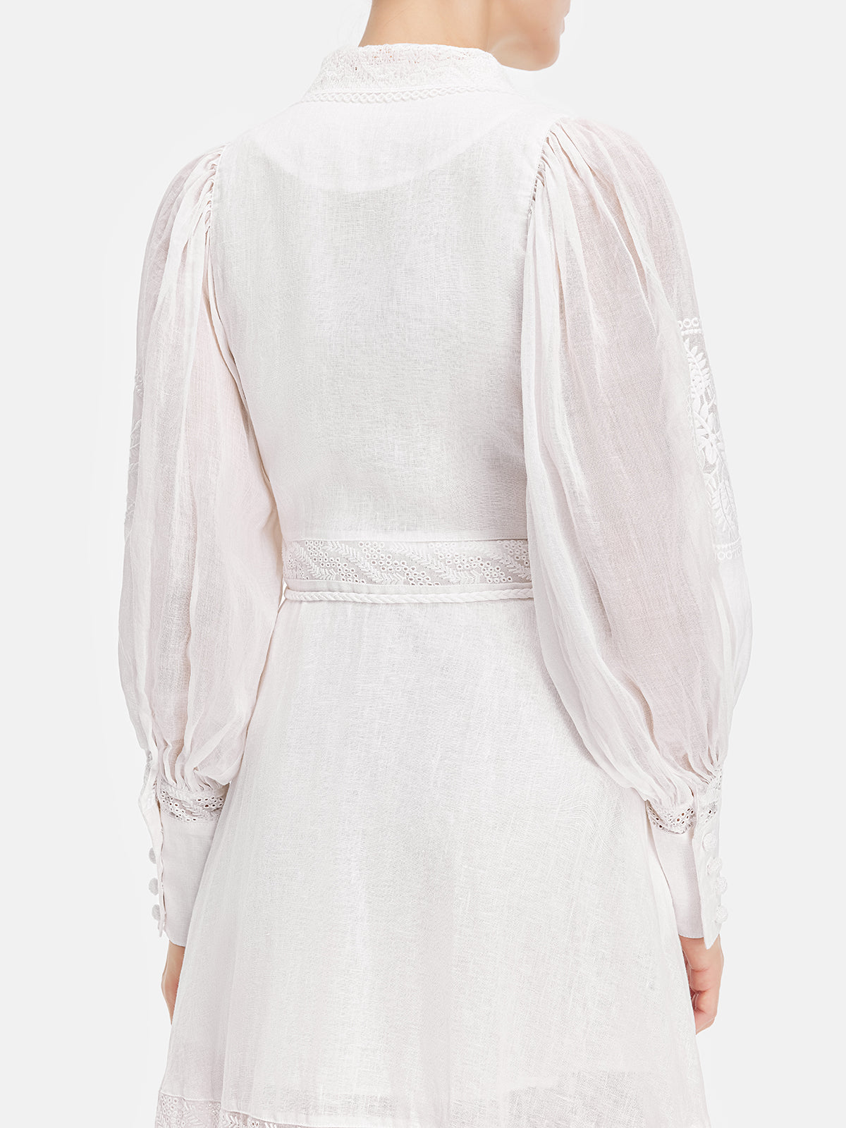 Court Embroidered Lantern Sleeve Tie Dress