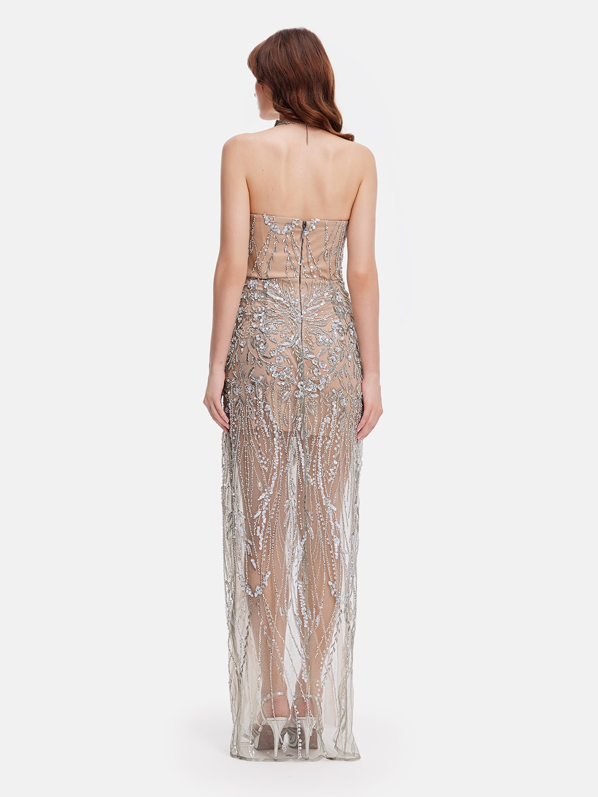 Beaded Embroidery Slit Gown