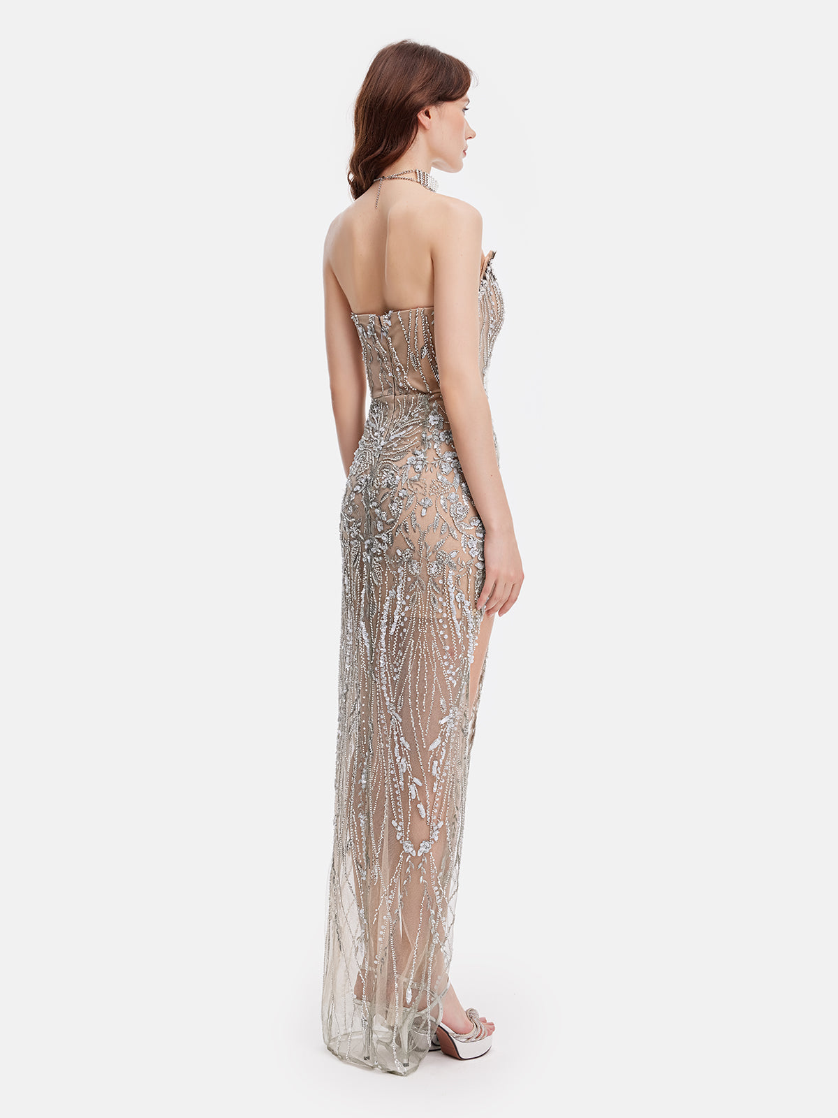 Beaded Embroidery Slit Gown