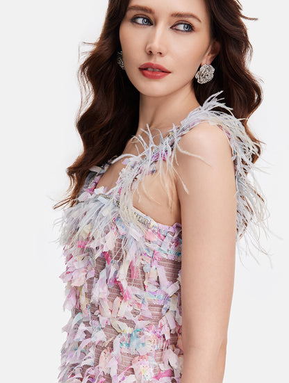 Ostrich Feather Gem-Embellished Colorful Tassel Slip Dress