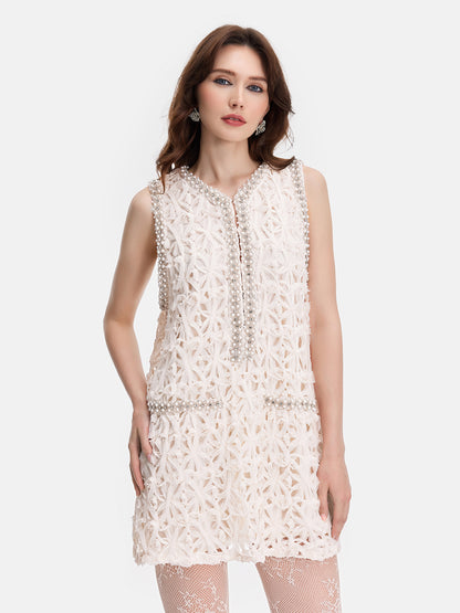 Luxurious Regal Beaded Lace Crochet Dress