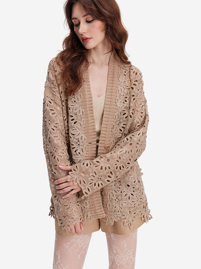 Luxurious Embroidered Floral Lace Long Sleeve Cardigan