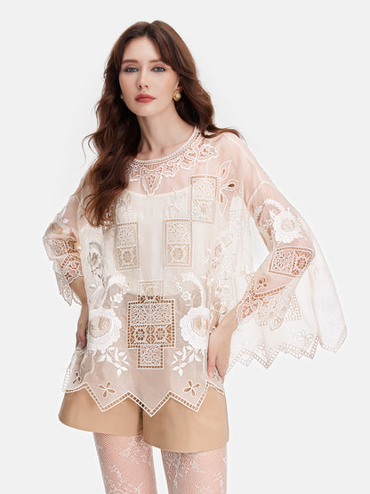 Elaborate Lace Embroidered Mulberry Silk Top