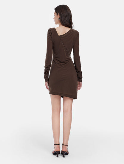 Asymmetrical Neck Ruched Long Sleeve Dress