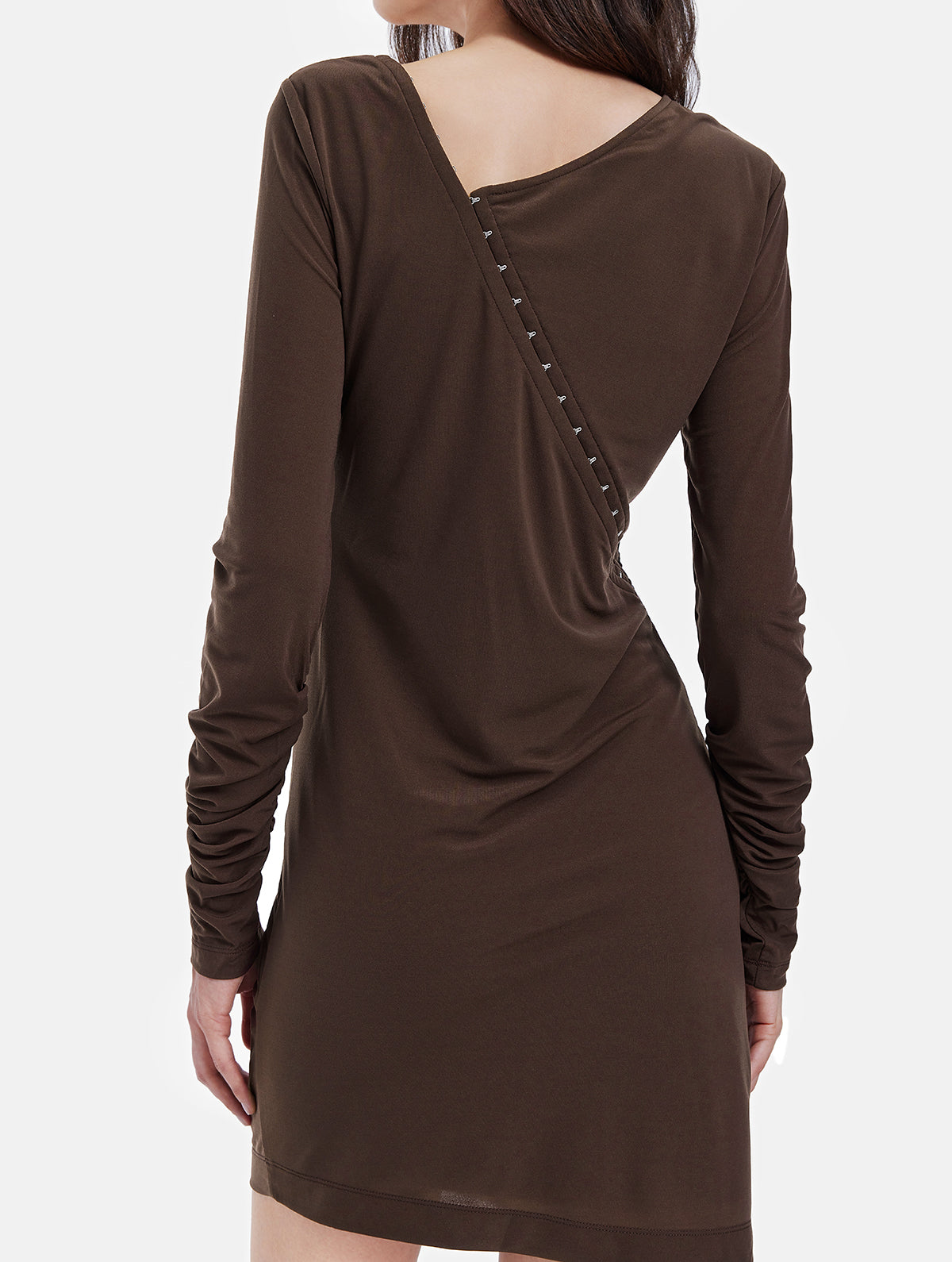 Asymmetrical Neck Ruched Long Sleeve Dress