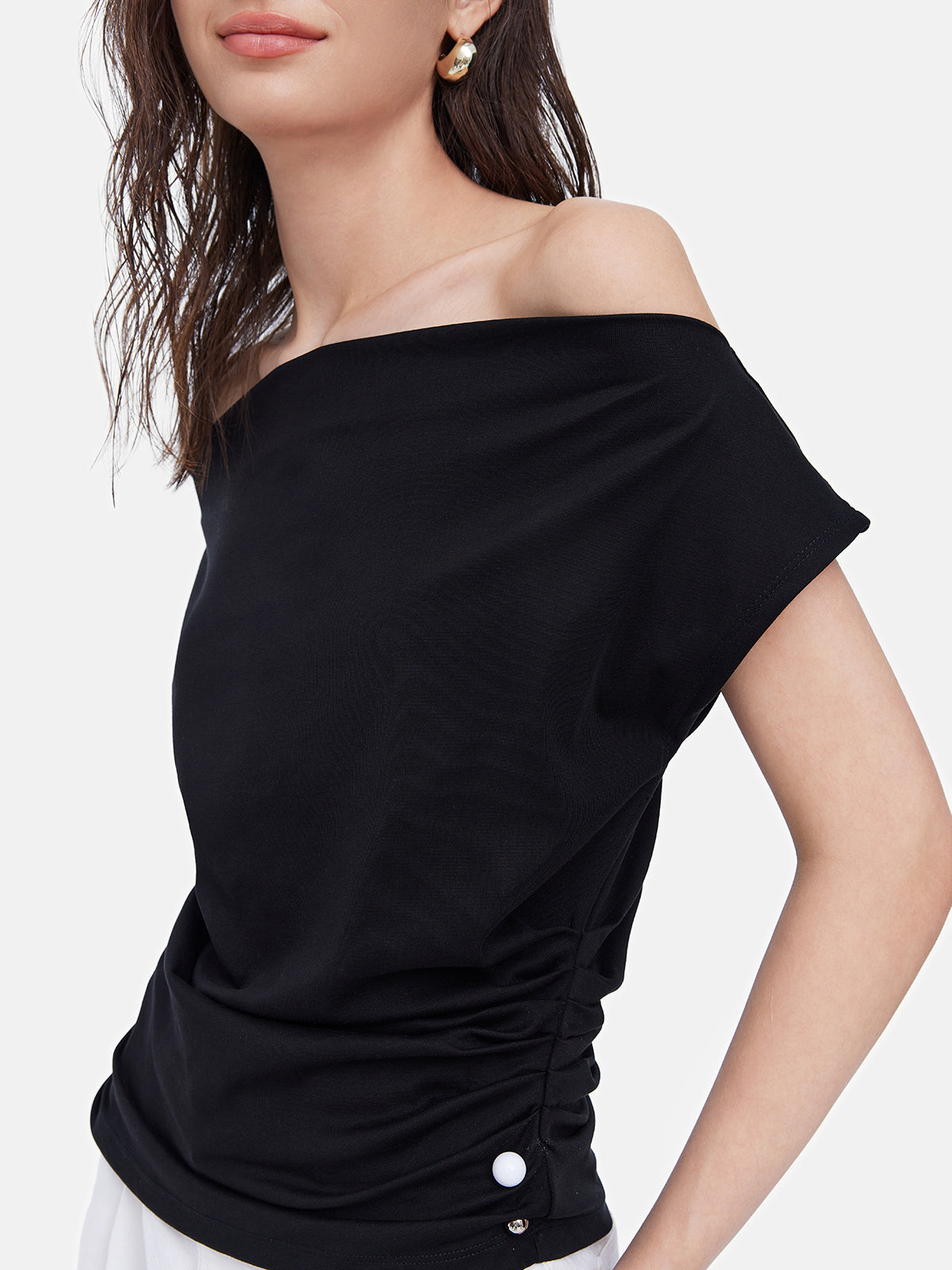 Draped Neck Pearl Sleeveless Tee