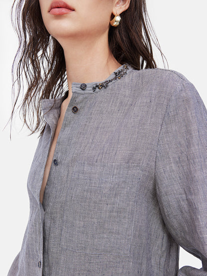 Linen Hand-Beaded Striped Shirt