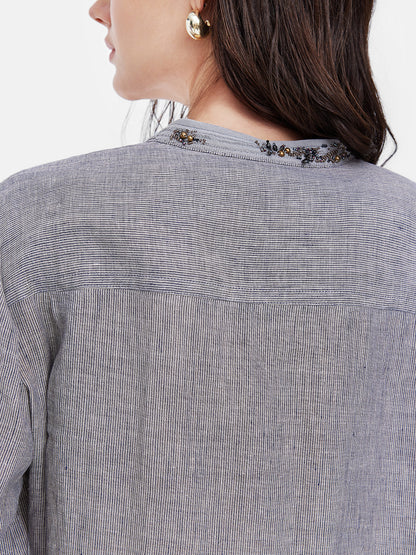 Linen Hand-Beaded Striped Shirt