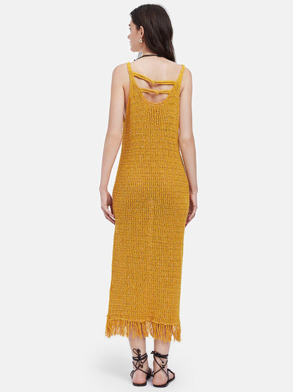 Bright Yellow Fringe Knit Dress (Belt not included)