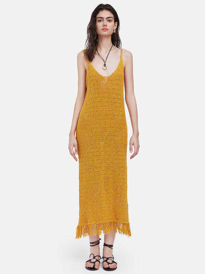 Bright Yellow Fringe Knit Dress (Belt not included)