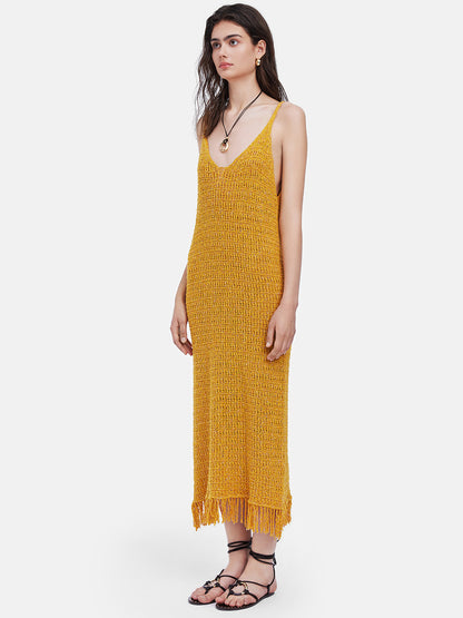 Bright Yellow Fringe Knit Dress (Belt not included)