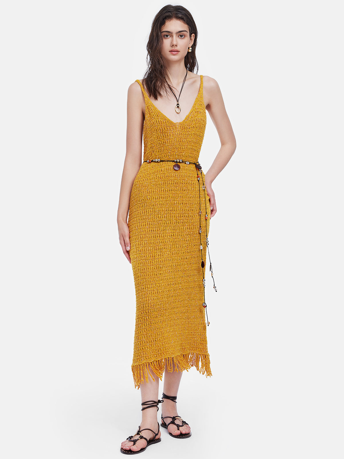 Bright Yellow Fringe Knit Dress (Belt not included)