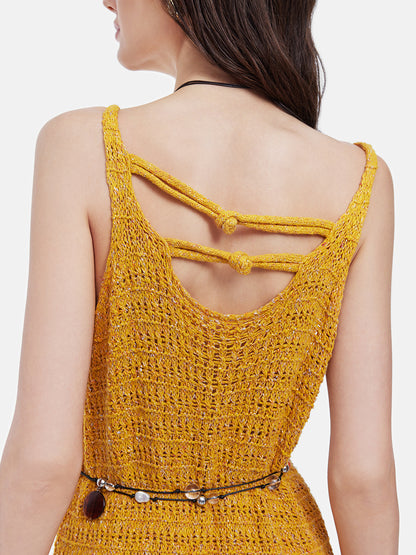 Bright Yellow Fringe Knit Dress (Belt not included)