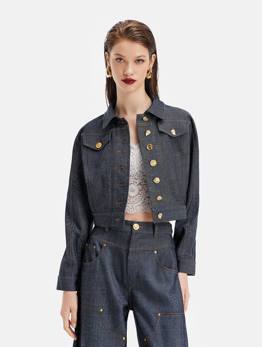 Wool Denim-Look Cropped Knight Jacket