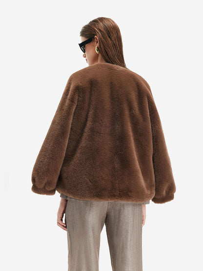 V-Neck Faux Fur Coat