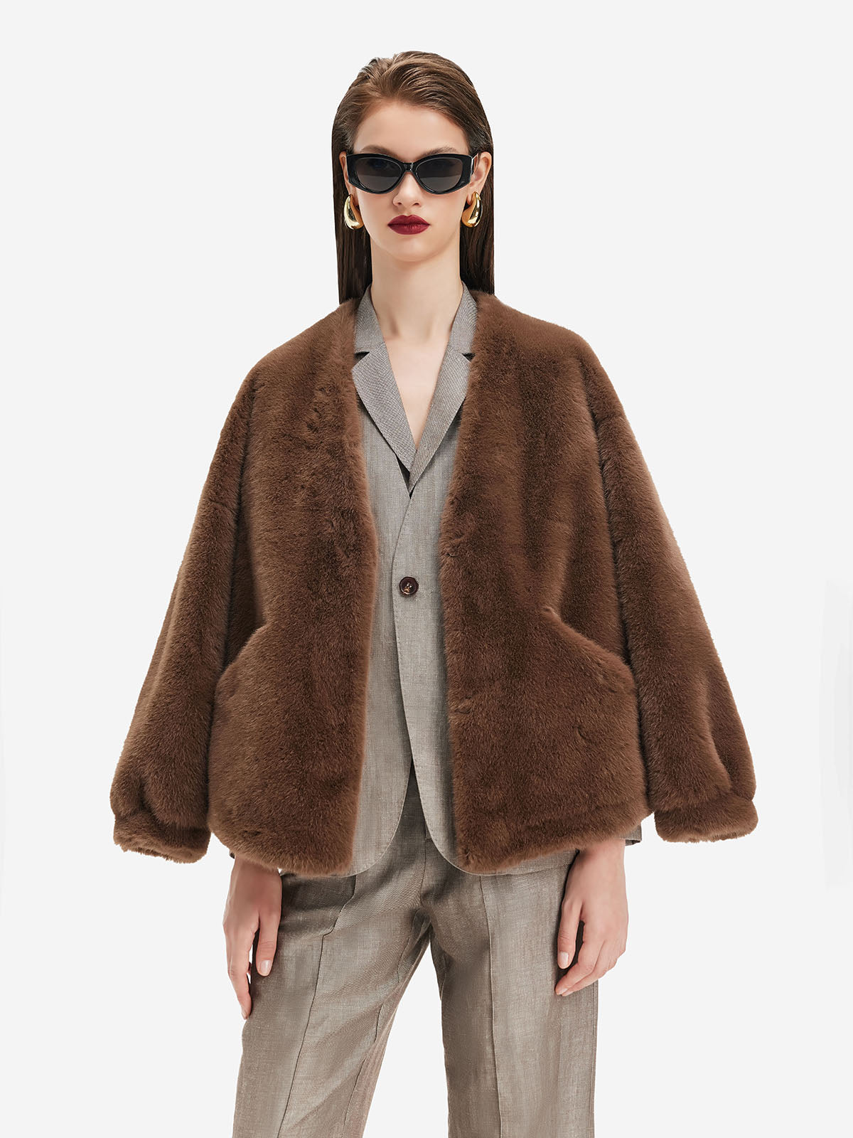 V-Neck Faux Fur Coat