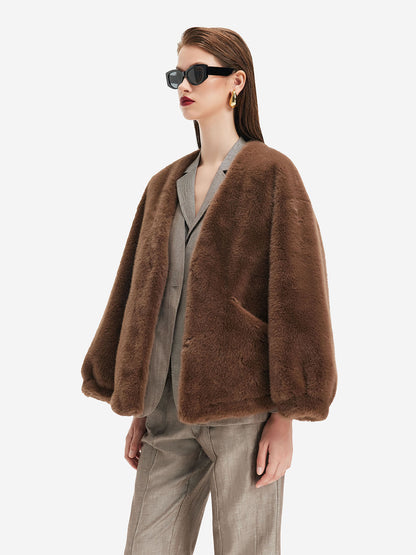 V-Neck Faux Fur Coat